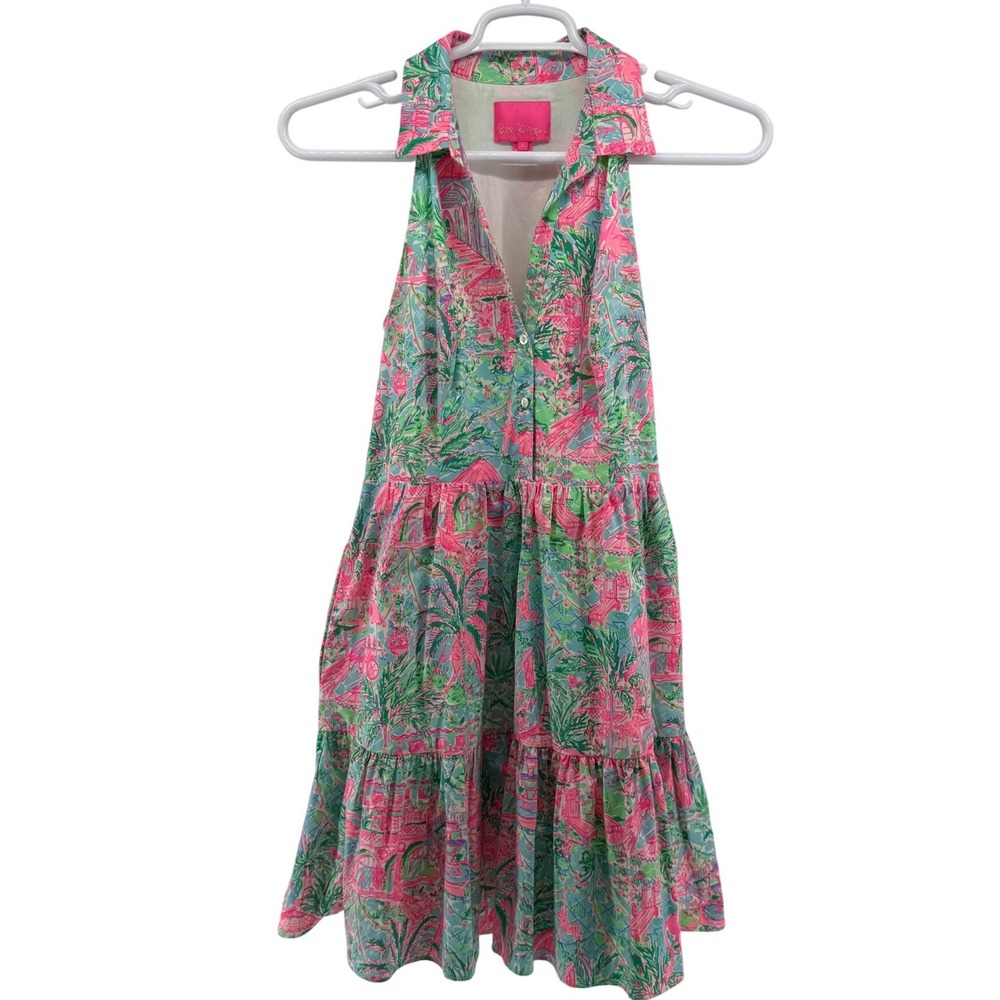 Lilly Pulitzer Pink Green Tropical Flamingo Tiered Halter Dress Size 8 004740
